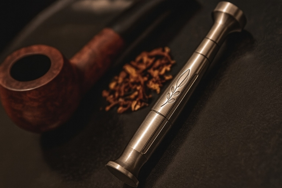 Close-up of a tobacco pipe, loose tobacco, and a metal tamper on a dark surface.